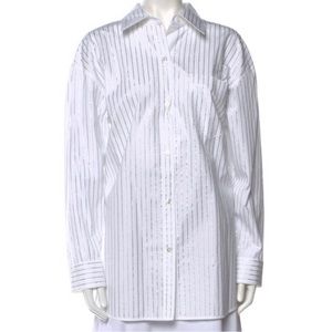 Alexander Wang Crystal Striped Long Sleeve Button-Up Top w/ Tags white NWT
